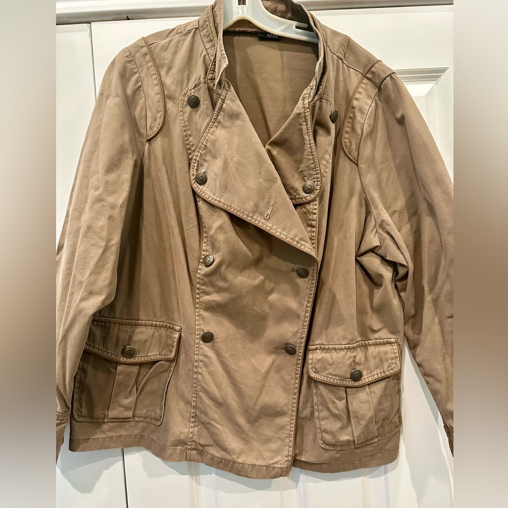 Tan double-breasted military-inspired jacket
